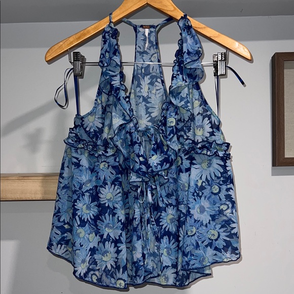 Free People Tops - Free people Fearless Knit Tank Blue Floral Ruffle Halter Tank Top